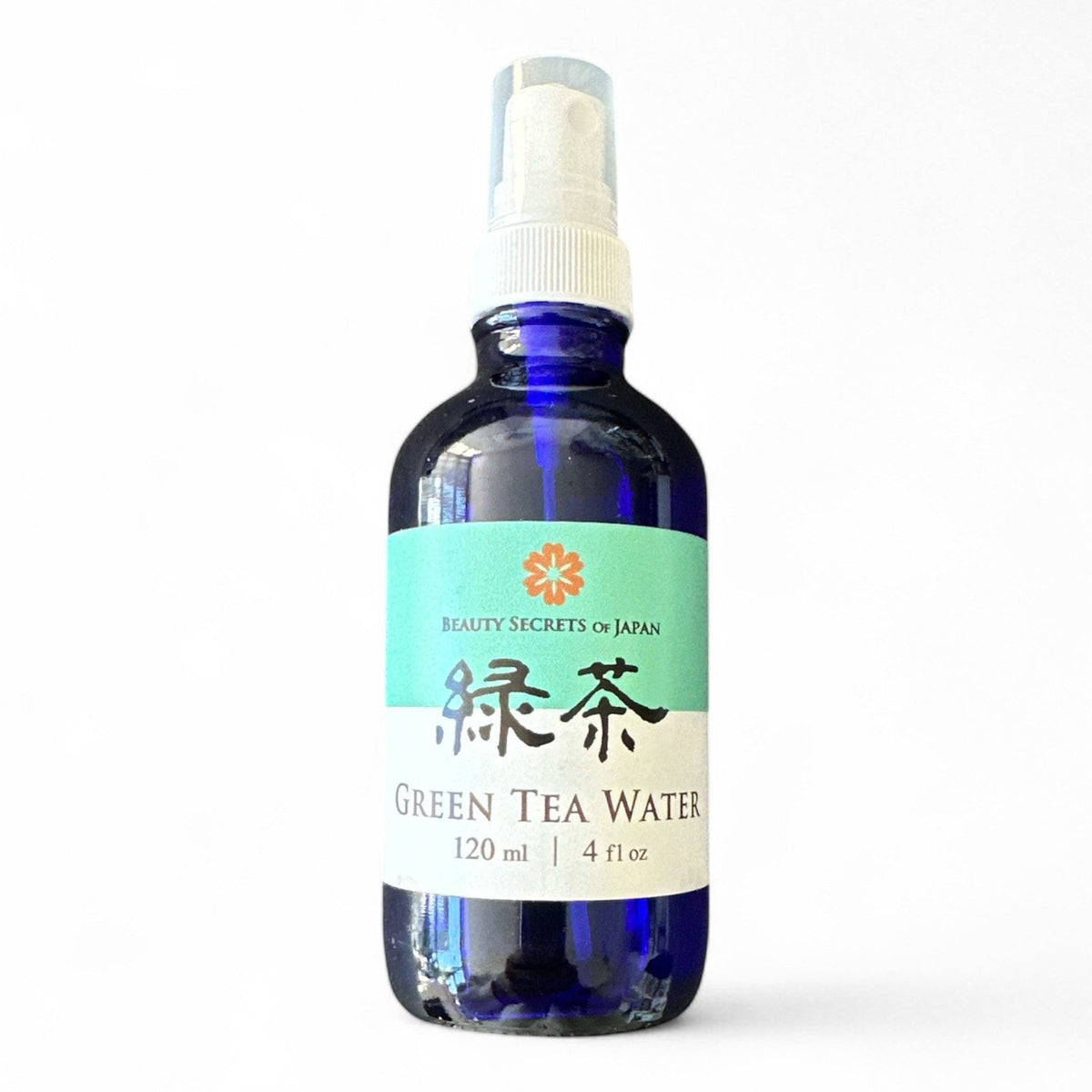 Beauty Secrets of Japan Green Tea Floral Water in a 120ml blue glass spray bottle for facial toning and hydration.