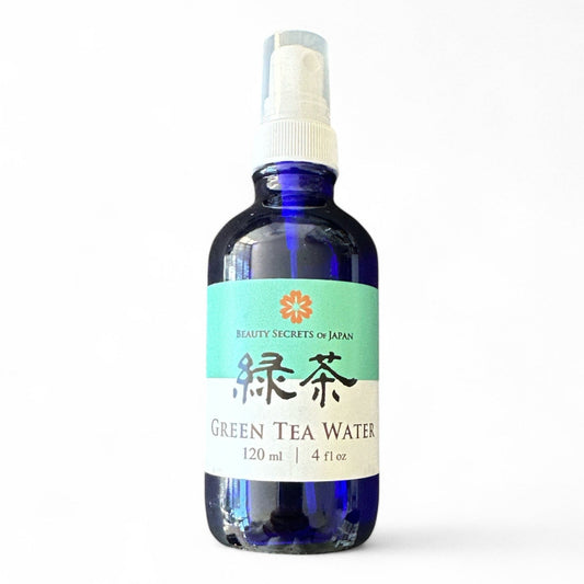 Beauty Secrets of Japan Green Tea Floral Water in a 120ml blue glass spray bottle for facial toning and hydration.