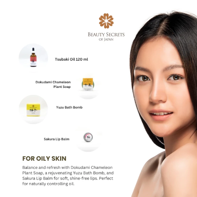Beauty Secrets of Japan personalized oily skin gift set featuring Tsubaki oil, Dokudami soap, Yuzu bomb, and lip balm.
