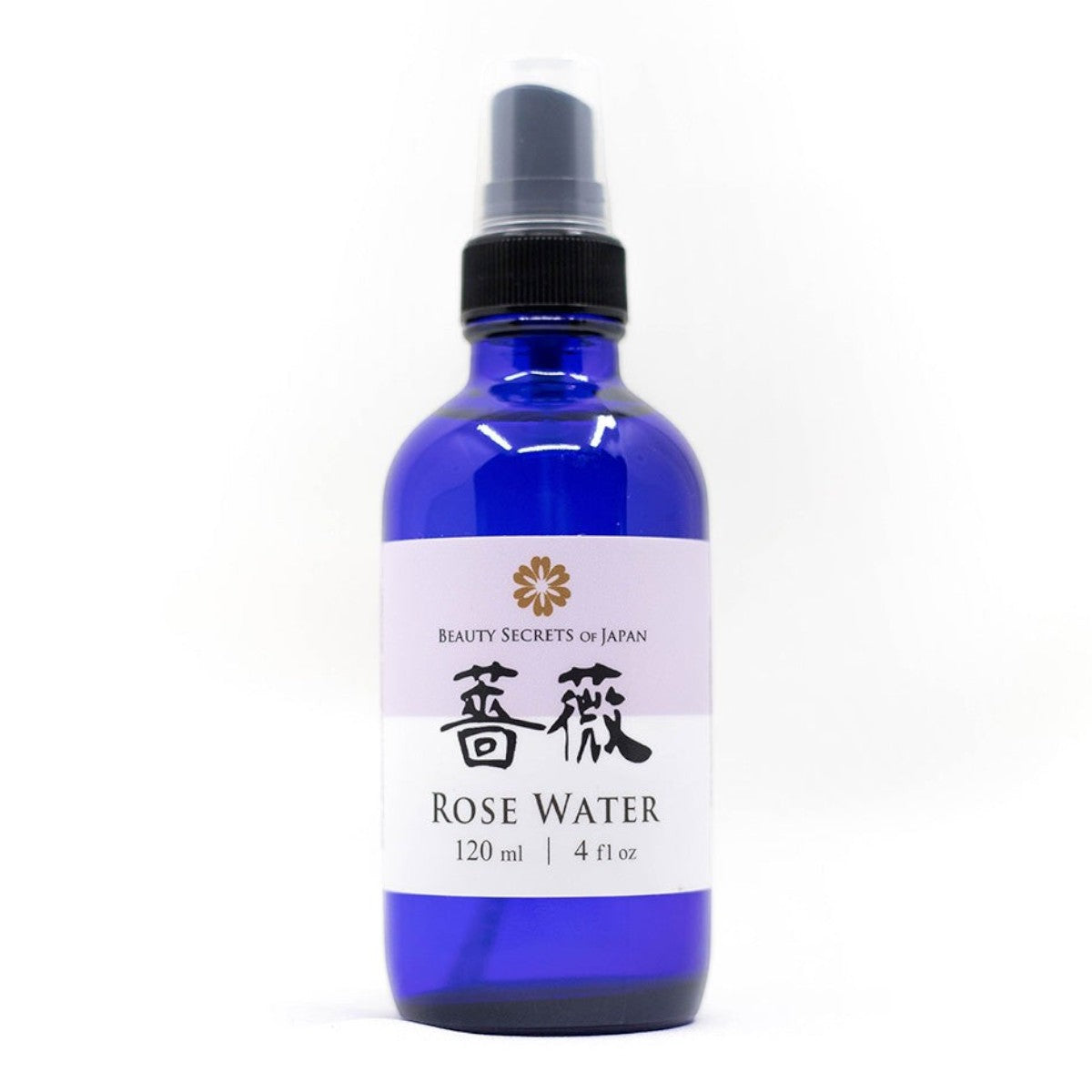 Beauty Secrets of Japan rose water facial toner in a 120ml blue glass spray bottle for skin hydration and calming