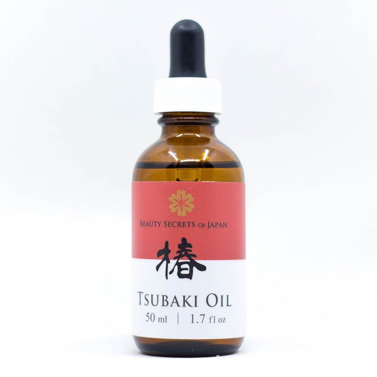 Beauty Secrets of Japan organic Tsubaki camellia seed oil in a 50ml amber glass dropper bottle with red label