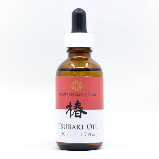 Beauty Secrets of Japan organic Tsubaki camellia seed oil in a 50ml amber glass dropper bottle with red label