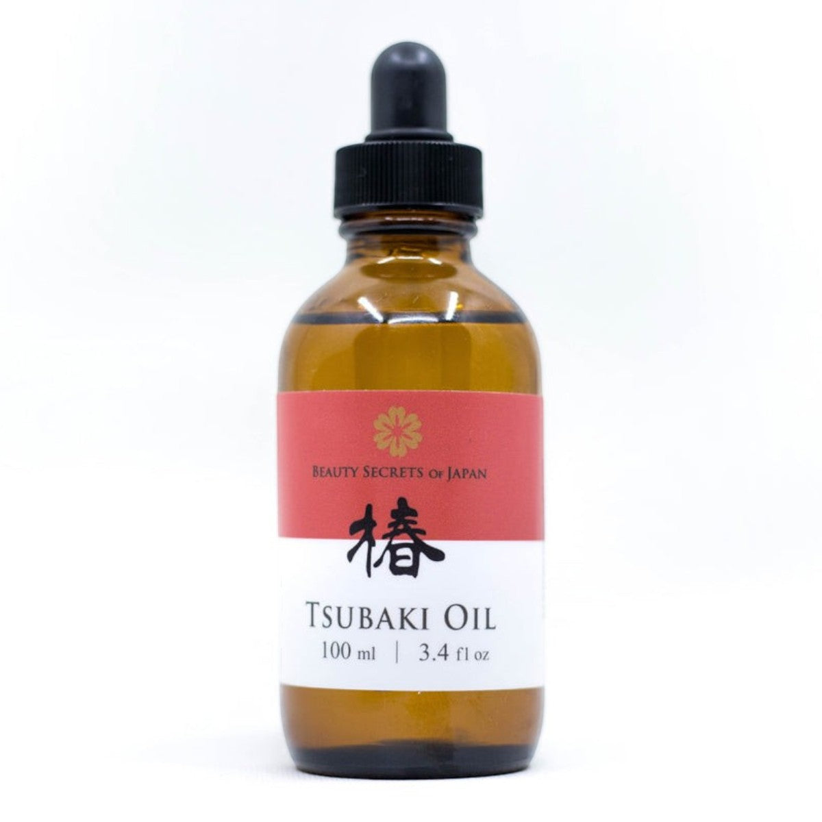 Beauty Secrets of Japan organic Tsubaki Camellia seed oil in a 100ml amber glass dropper bottle.