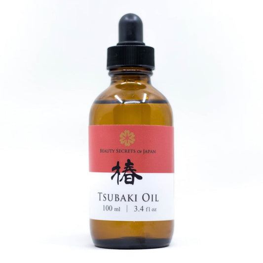 Beauty Secrets of Japan organic Tsubaki Camellia seed oil in a 100ml amber glass dropper bottle.